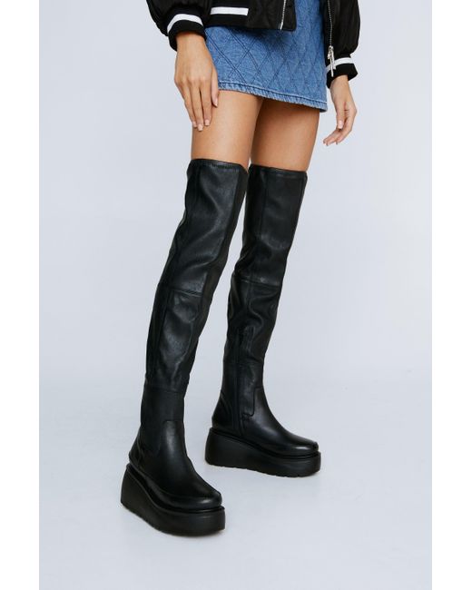 Nasty Gal Blue Premium Leather Wedge Thigh High Boots