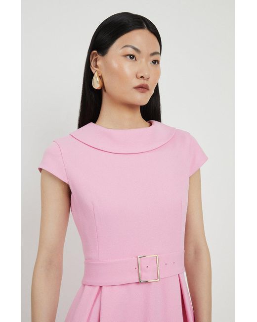 Karen Millen Pink Petite Structured Crepe Roll Neck Dip Hem Cap Sleeve Dress