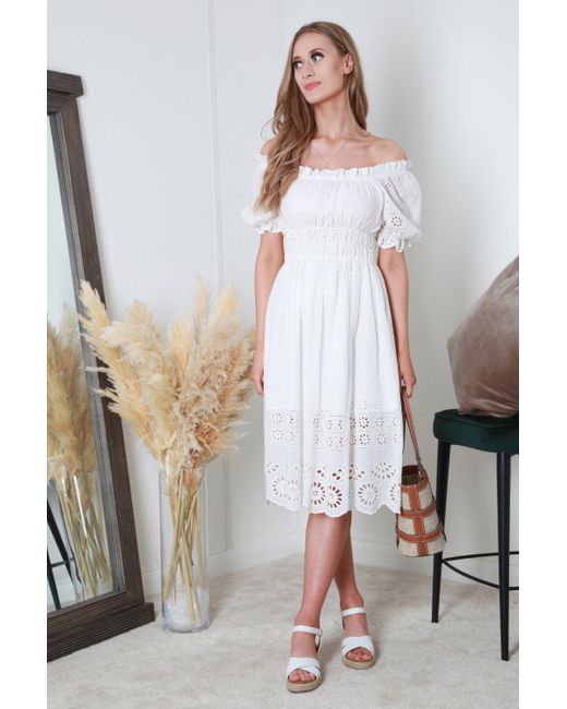 Double Second White Broderie Lace Bardot Midi Dress