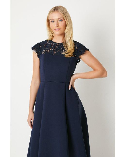 Debut London Blue Lace And Scuba High Low Midaxi Dress