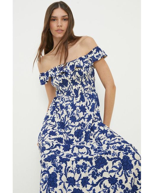 Dorothy Perkins Blue Floral Shirred Bardot Midi Dress
