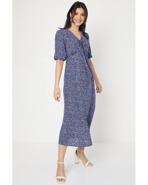 Dorothy Perkins Blue Navy Ditsy Tie Front Button Through Midi Dress