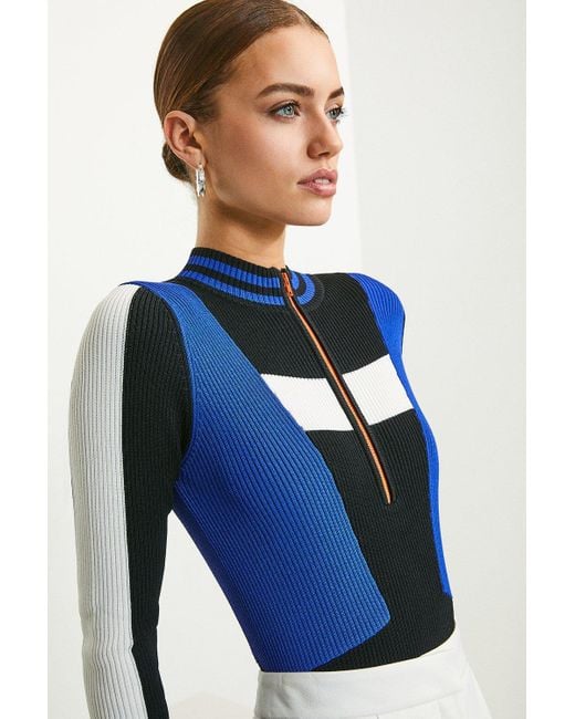 Karen Millen Blue Sporty Colourblock Knit Bodysuit