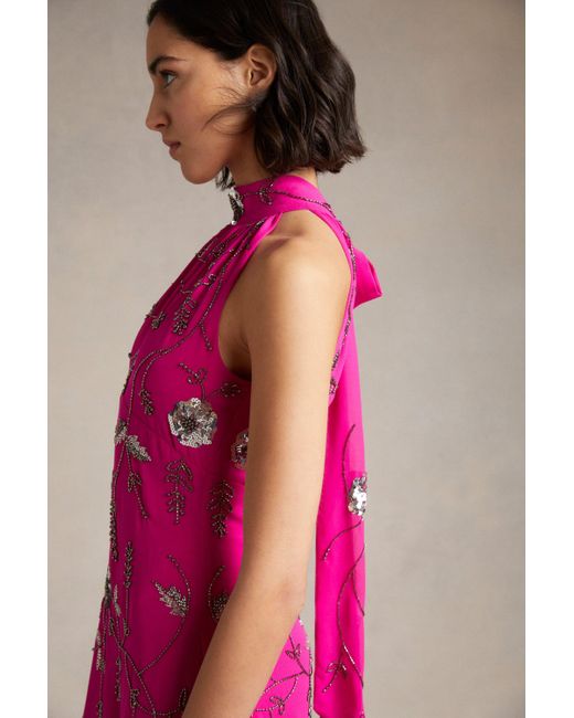 Oasis Pink Hand Embellished Sequin Halter Neck Midi Dress