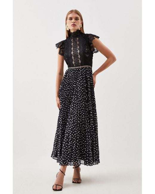 Karen Millen Black Petite Guipure Lace Dot Pleated Skirt Midi Dress