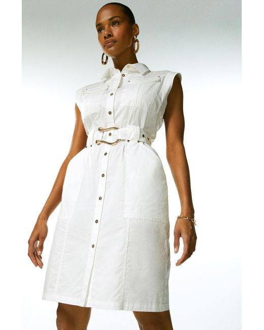 Karen Millen White Cotton Utility Woven Short Dress