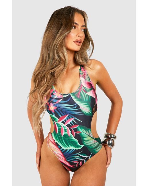 Boohoo Pink Tropical Cut Out Halterneck Swimsuit