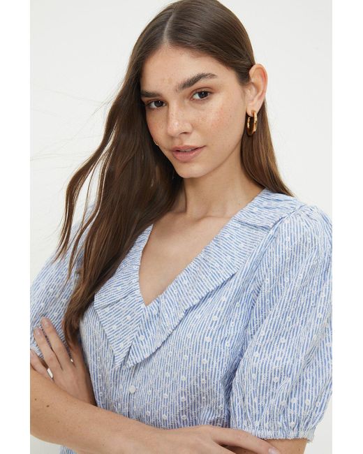 Dorothy Perkins White Blue Stripe Embroidered Ruffle Neck Top