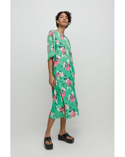 Warehouse Green Satin Button Midi Dress In Floral