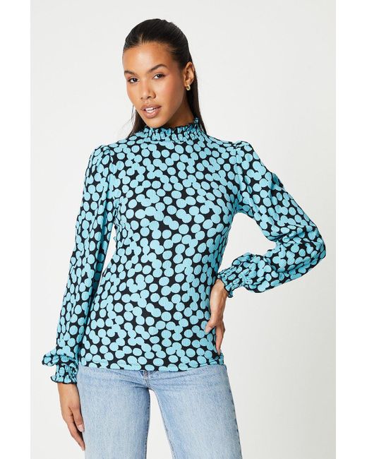 Dorothy Perkins Blue Tall Shirred Neck Cuff Detail Long Sleeve Top
