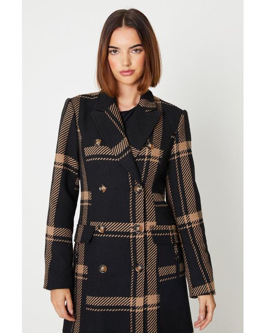 Oasis Black Petite Wool Blend Check Double Breasted Pleat Back Midi Coat