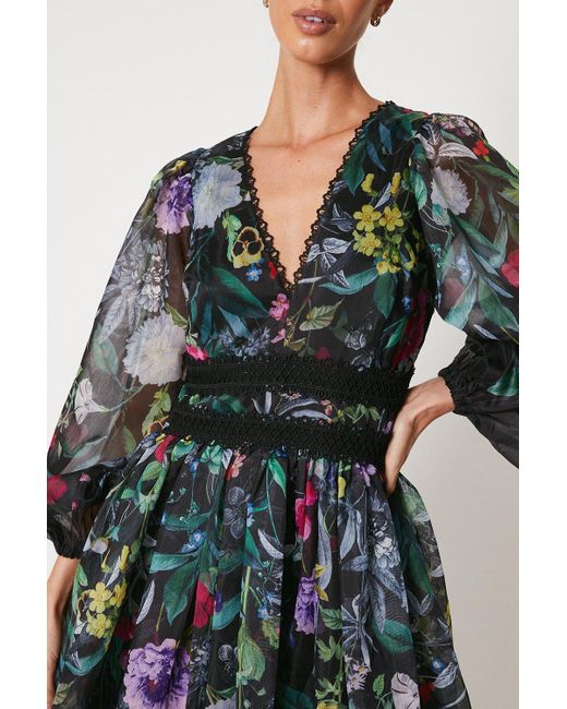 Coast Black Organza Floral Placement Lace Trim Midi Dress