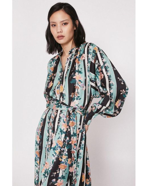 Warehouse Green Belted Dress In Linear Floral
