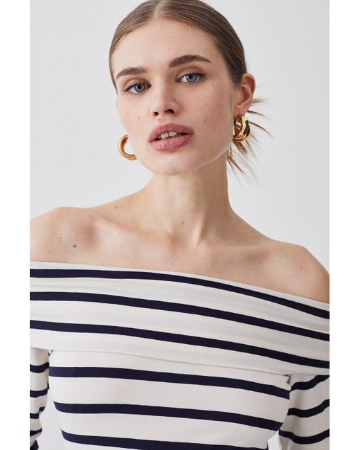 Karen Millen Blue Stripe Bardot Long Sleeve Cotton Top