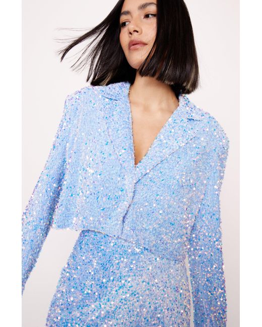 Nasty Gal Blue Premium Velvet Sequin Cropped Blazer
