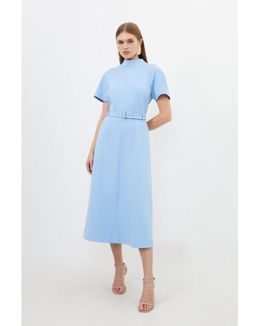 Karen Millen Blue Tailored Belted Full Skirt Midi Dress