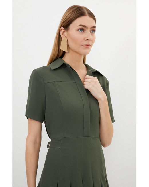 Karen Millen Green Tall Tailored Crepe Short Sleeve Pleated Midi Dress