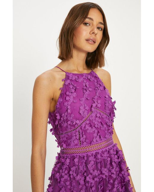 Oasis Purple Statement Flower Embroidered Tiered Halter Midi Dress