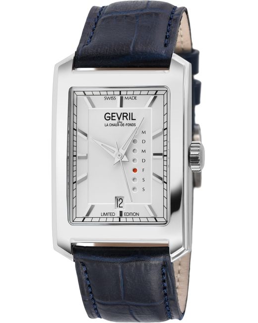 Gevril Gray Manhattanhenge Swiss Made Automatic, Day Date, Eta 2636-2 Genuine Handmade Italian Blue Leather Strap With Tang Buckle for men