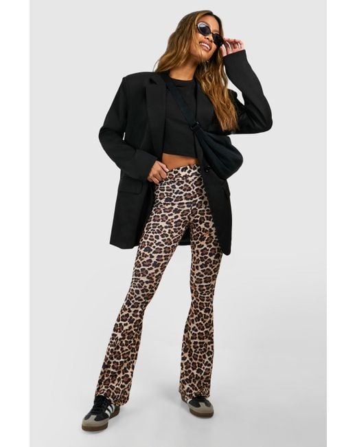 Boohoo Black Leopard High Waist Basic Fit & Flare Trouser