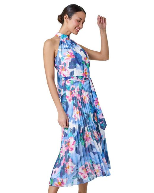 Roman Blue Floral Print Pleated Midi Dress