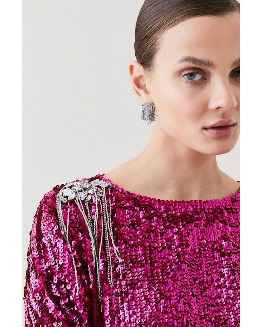 Karen Millen Pink Tall Sequin & Crystal Embellished Woven Dress