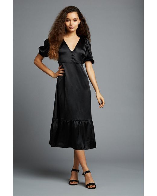 Dorothy Perkins Petite Black Satin Puff Sleeve Button Midaxi Dress