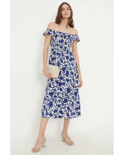 Dorothy Perkins Blue Floral Shirred Bardot Midi Dress