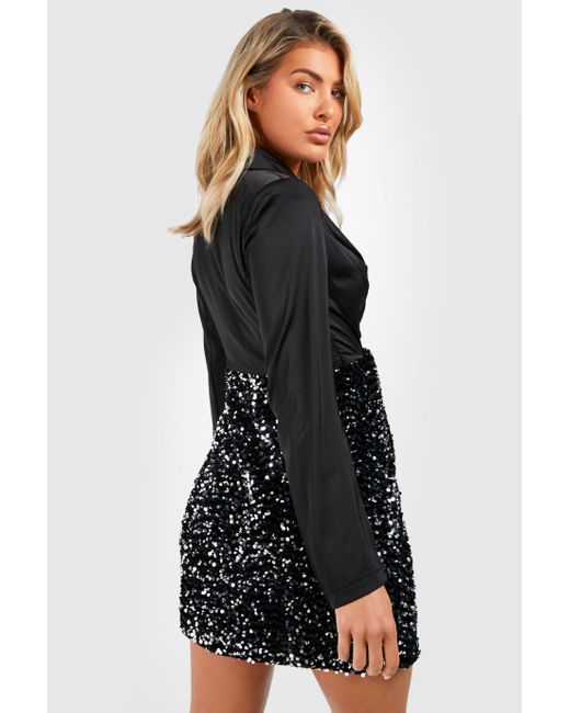 Boohoo Black Velvet Sequin Contrast Blazer Party Dress