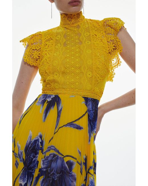 Karen Millen Yellow Petite Guipure Lace Mirrored Floral Pleated Woven Mini Dress