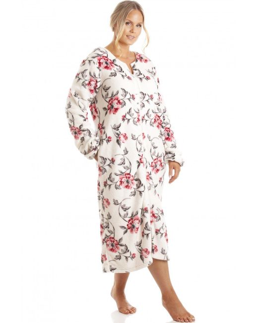 CAMILLE White Luxurious Supersoft Zip Up Floral Bathrobe