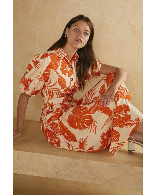 Oasis Brown Tropical Printed Puff Sleeve Linen Look Dress