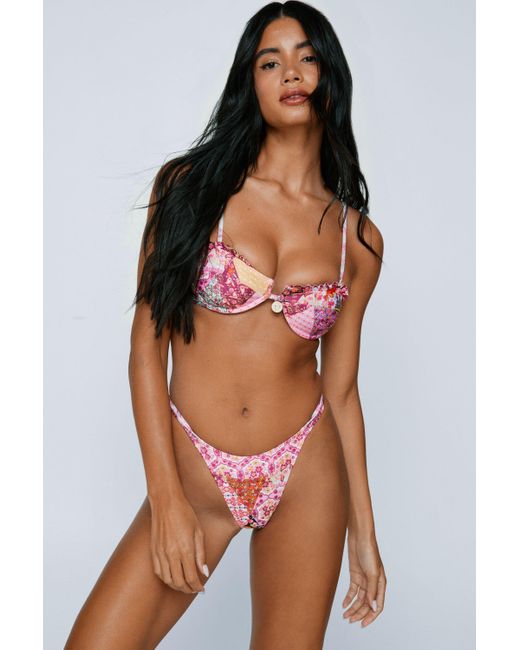 Nasty Gal Pink Recycled Patchwork Floral Ruffle Coin Underwire Bikini