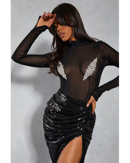 MissPap Black Diamante Trim Sheer Mesh Long Sleeve Bodysuit