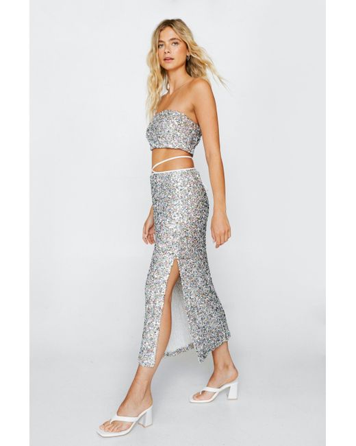 Nasty Gal White Sequin Bandeau Crop Top And Midi Skirt
