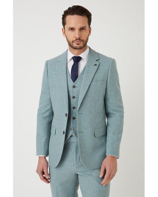 Burton Blue Slim Fit Green Tweed Suit Jacket for men