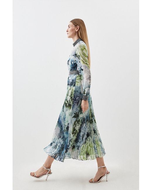 Karen Millen Blue Diamante Trim Floral Woven Maxi Dress