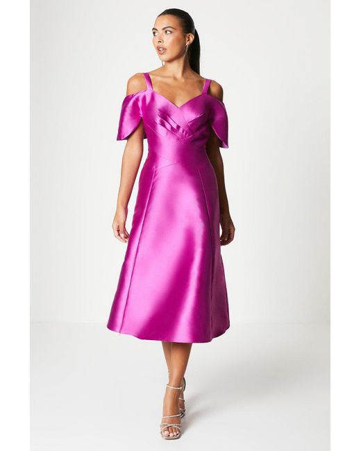 Coast Pink Twill Midi Dress With Strappy Bardot