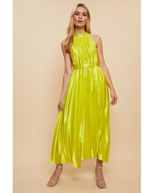 Wallis Yellow Chartreuse High Shine Satin Pleated Midi Dress