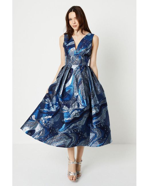 Coast Blue Plunge Neck Jacquard Midi Dress