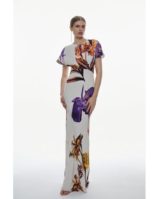Karen Millen Multicolor Petite Satin Crepe Drama Floral Maxi Dress
