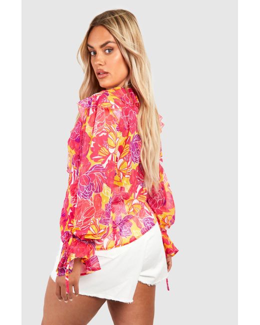 Boohoo Red Plus Abstract Floral Tie Front Ruffle Blouse