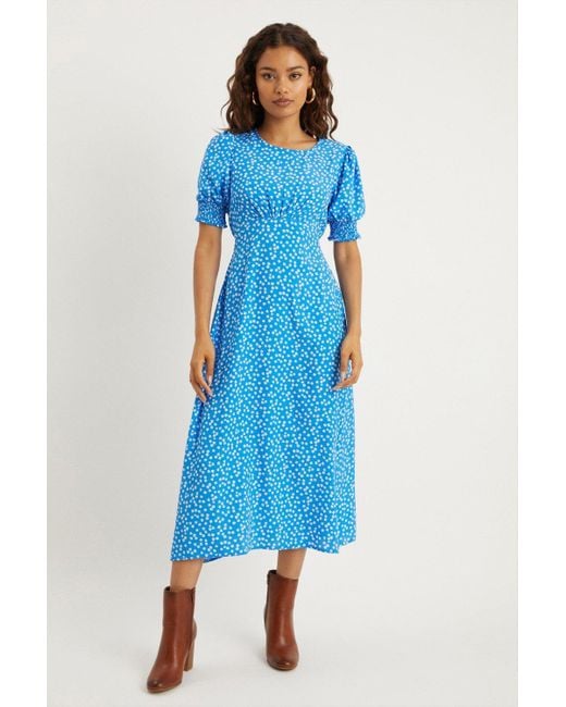 Dorothy Perkins Blue Petite Ditsy Shirred Cuff Midi Dress