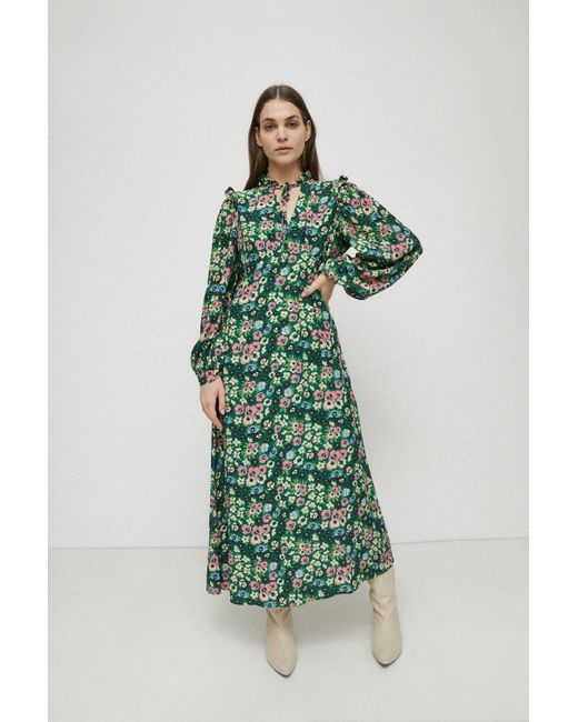 Warehouse Green Petite Tie Neck Midi Tea Dress In Floral