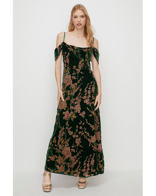 Oasis Green Floral Devore Cowl Cold Shoulder Maxi Dress