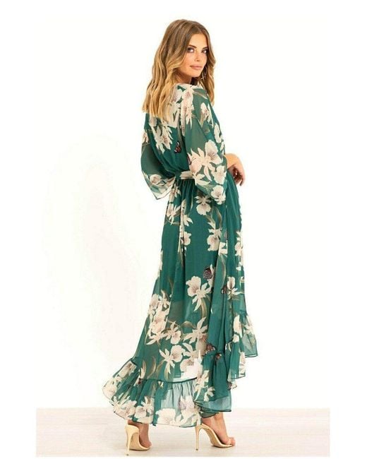 Yumi' Urban Green Floral Print Kimono Midi Wrap Dress