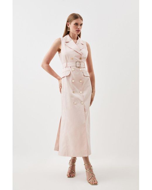 Karen Millen Pink Polished Cotton Tailored Belted Trench Midi Dress