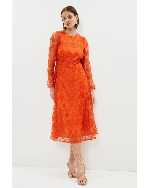 Coast Orange Lace Long Sleeve Full Skirt Midi Dress
