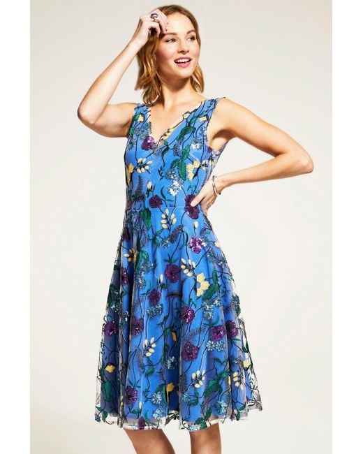 Hot Squash Blue Embroidered V Neck Fit N Flare Dress