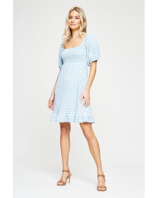 Dorothy Perkins White Blue Gingham Textured Shirred Mini Dress